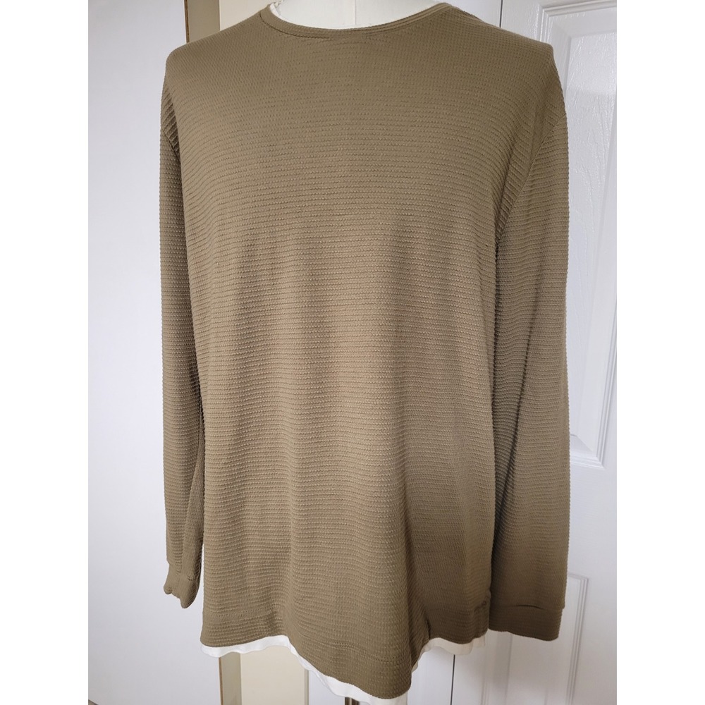 Zara Mens Textured Long Sleeve Henly Layered Look Shirt Olive Green Khaki XL